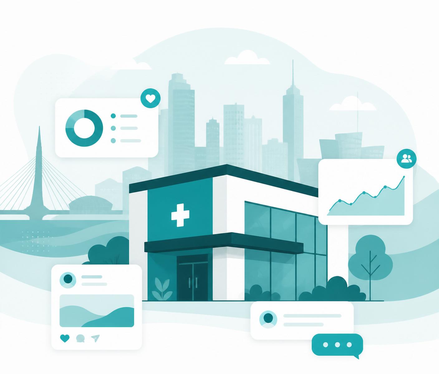 Illustrated healthcare clinic with social media performance graphics floating around it, representing digital marketing for Winnipeg family medicine clinics